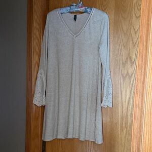 Alya Beige Long Sleeve Dress with Lace Accents